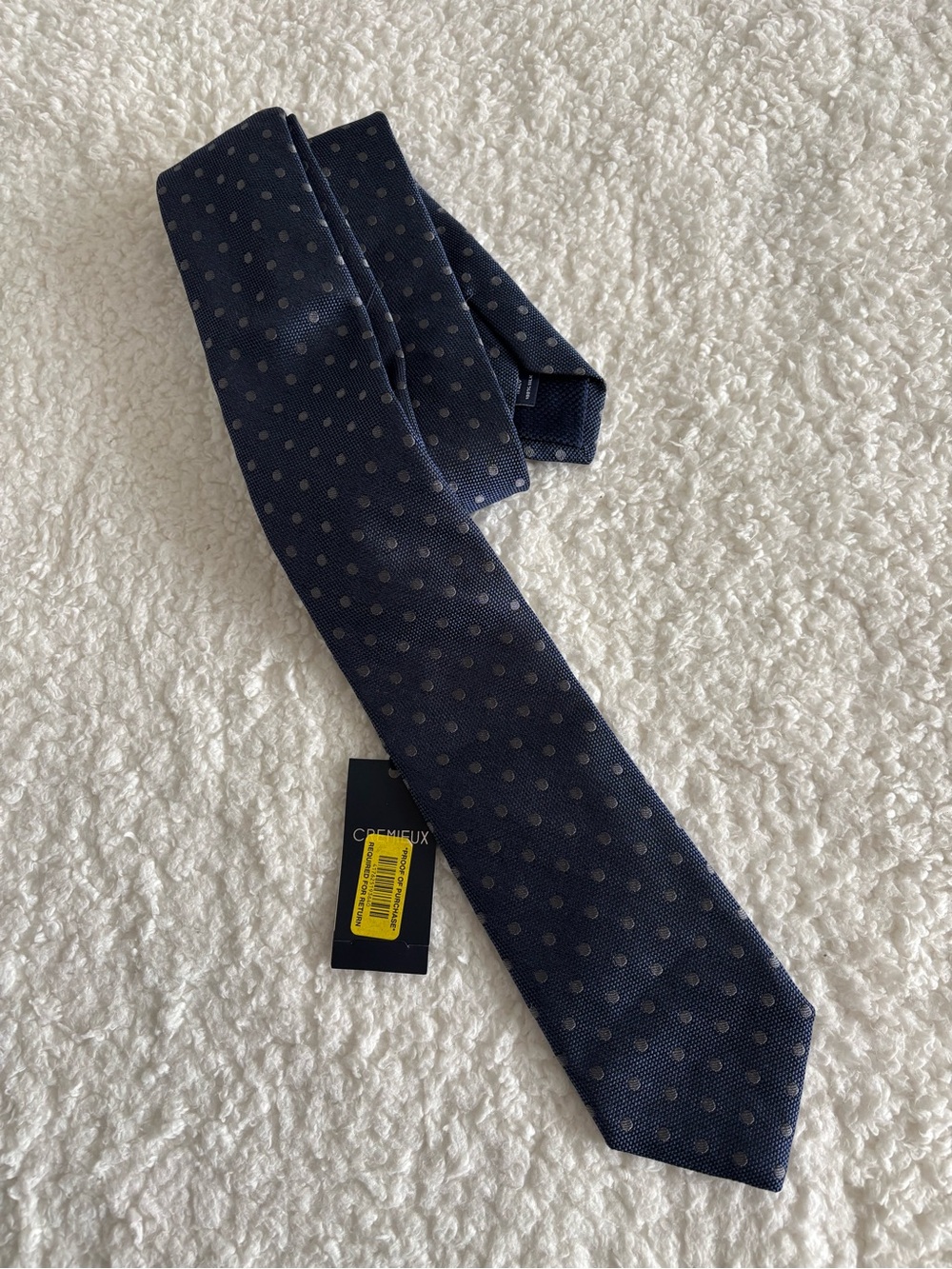 Cremieux Men’s Navy Blue Silk Tie Silver Polka Dot Made in Italy Designer